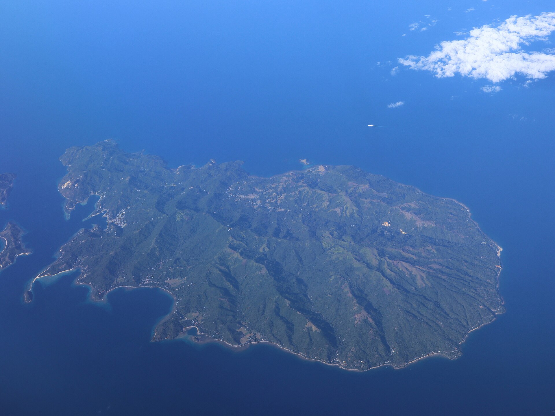 Romblon Island and its surrounding water, viewed from the air.