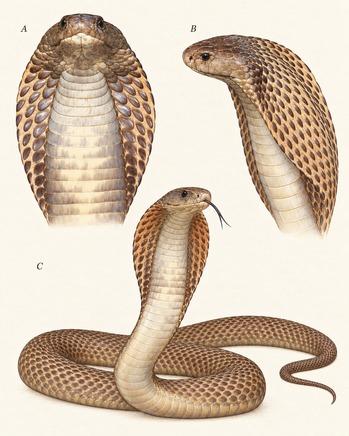 Adult Philippine cobra illustration plate with front, side and whole-body views.